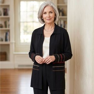 Exclusively Misook Cardigan Sweater Women Pety PM Black Knit Striped Open Front